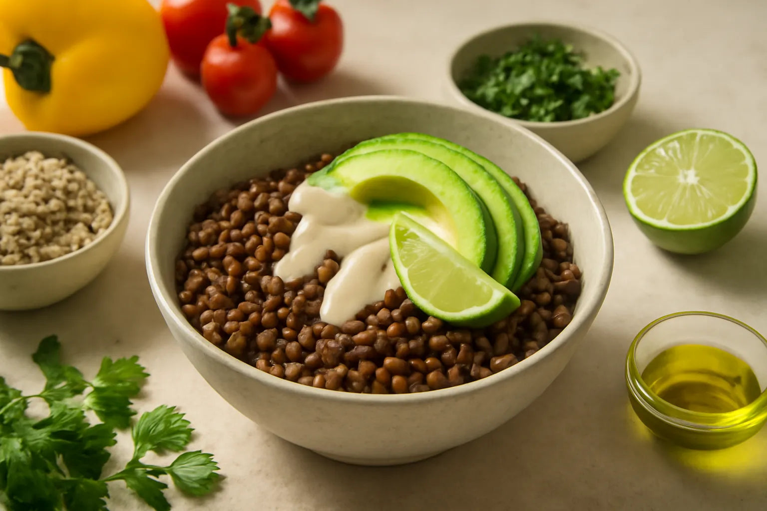 Lentil Avocado Tahini Lime Pokebowl