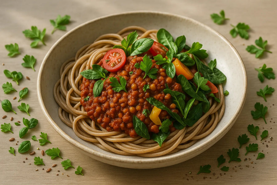 Linsen Bolognese mit Vollkorn Spaghetti