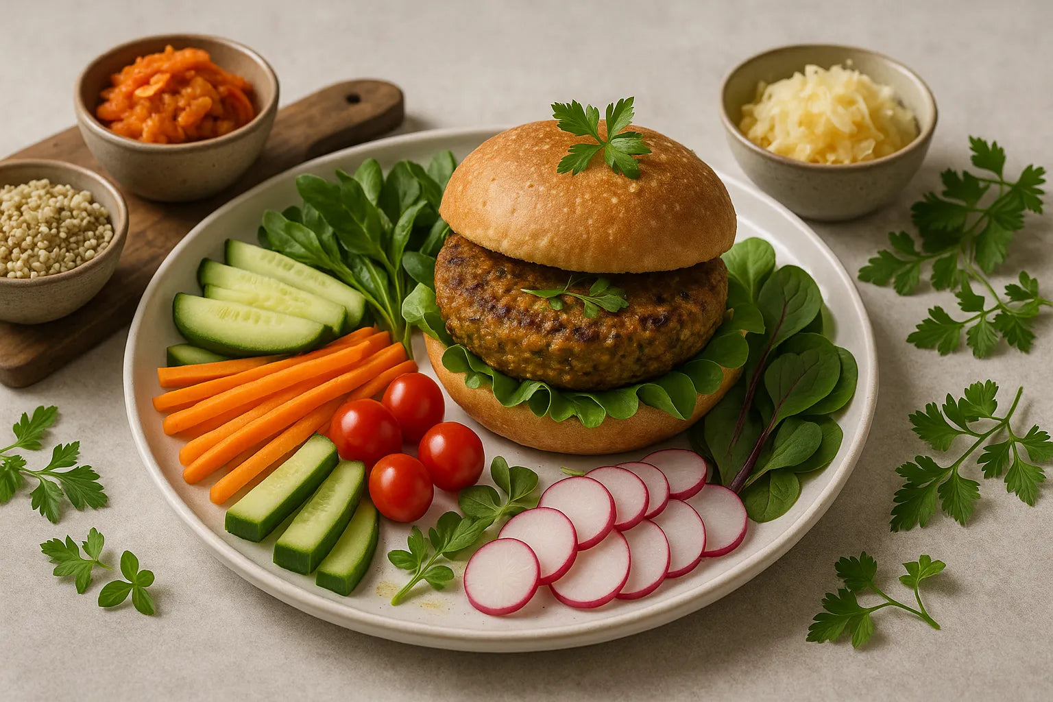 Lentil burgers with raw vegetables