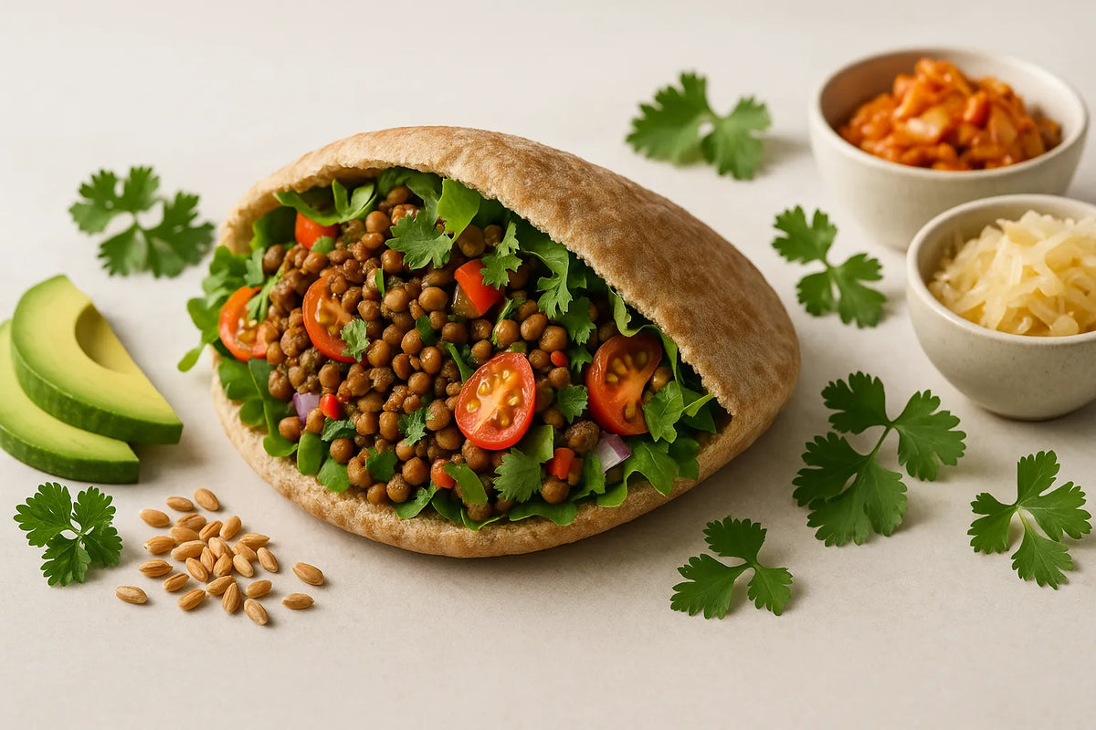 Lentil mince in whole-grain pita