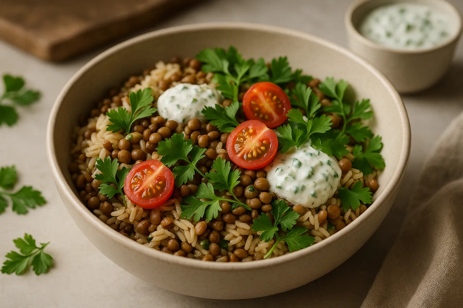 Linsen Reis Schüssel mit Gurken Joghurt Sauce