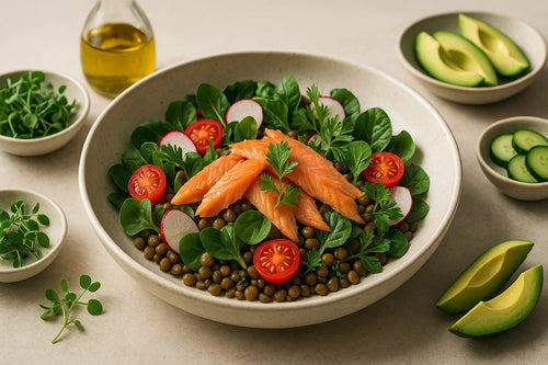 Lentil salad with smoked trout