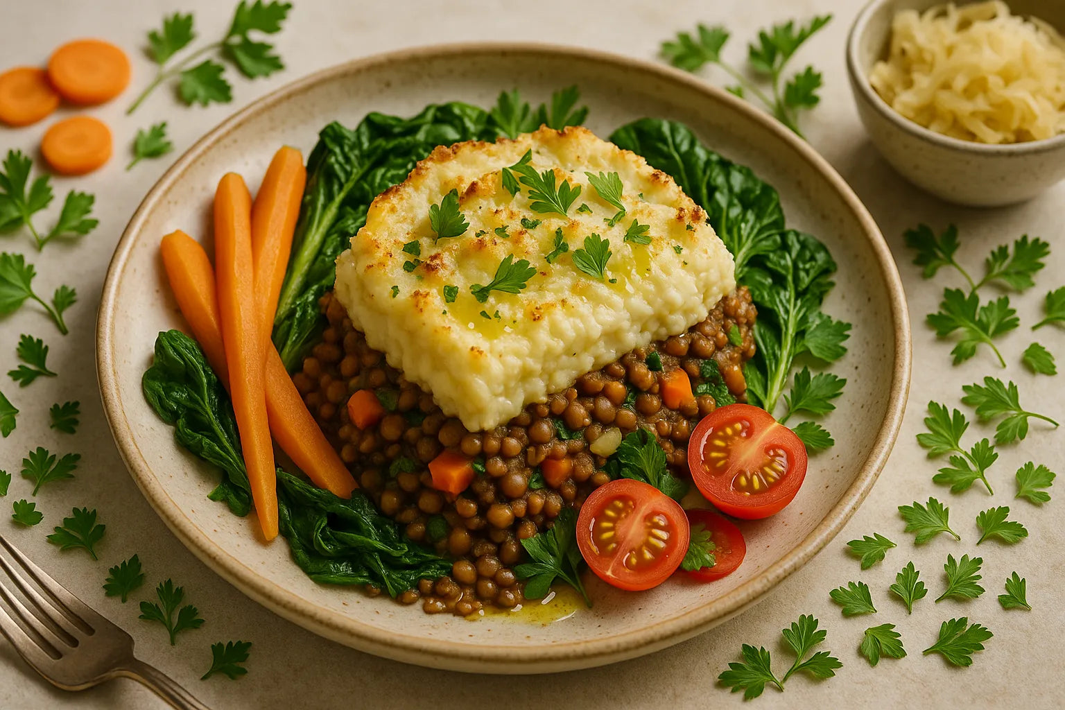 Pasticcio di lenticchie con purè di cavolfiore