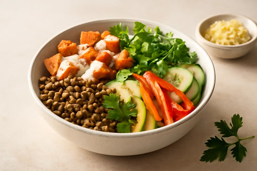 Lentil Sweet Potato Tahini Lime Pokebowl