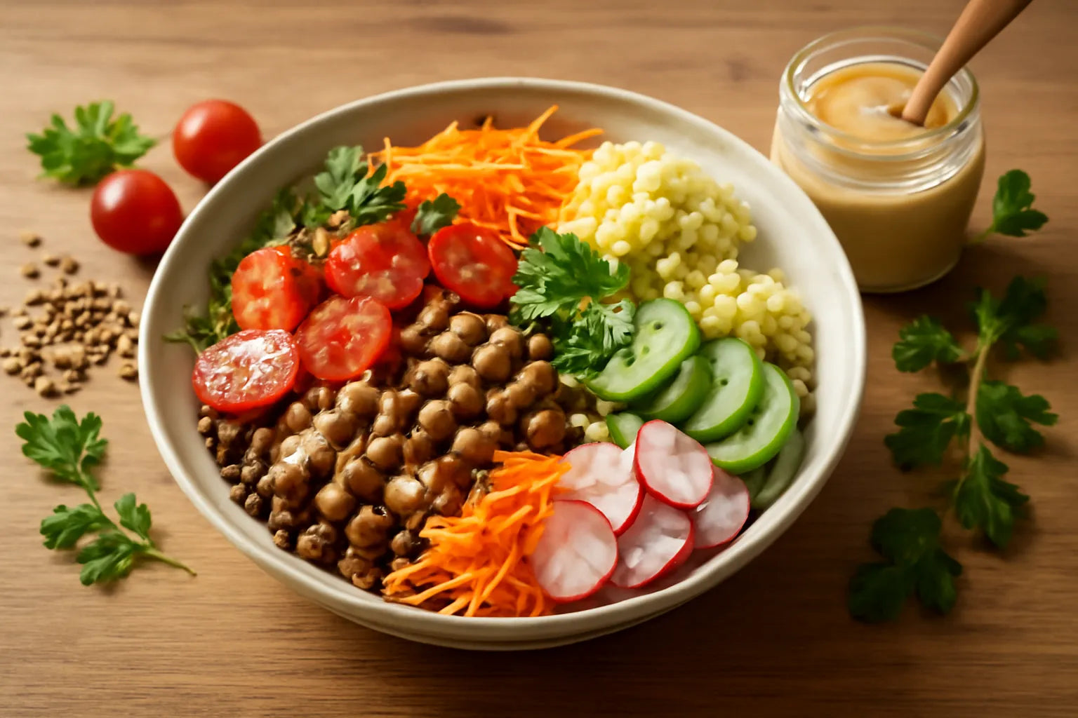 Lentil Tomato Tahini Soy Pokebowl