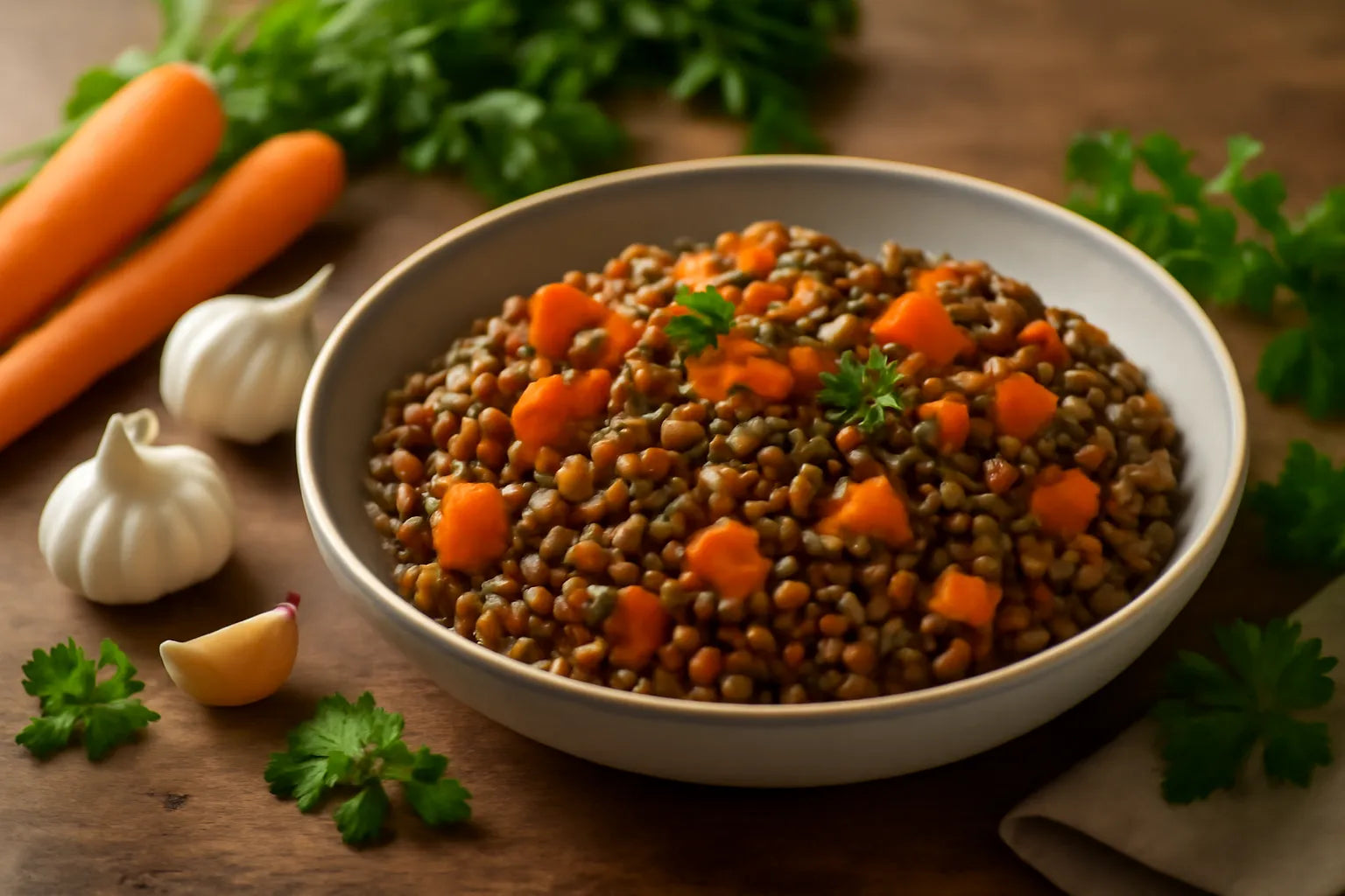 Linzen met wortels en gerookte paprika