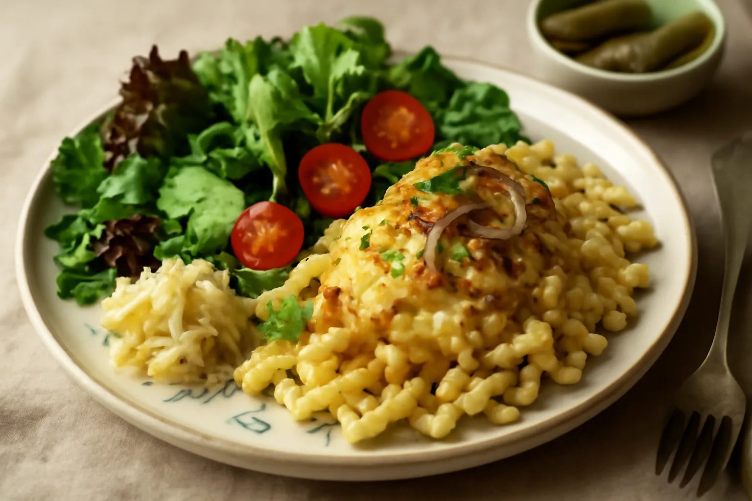 Light cheese spaetzle with onions and salad
