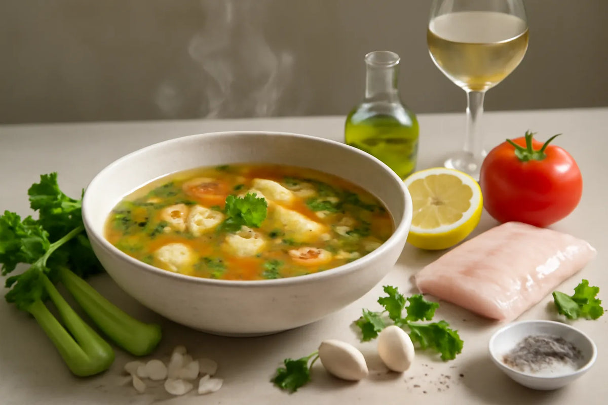 Sopa ligera de pescado al estilo italiano