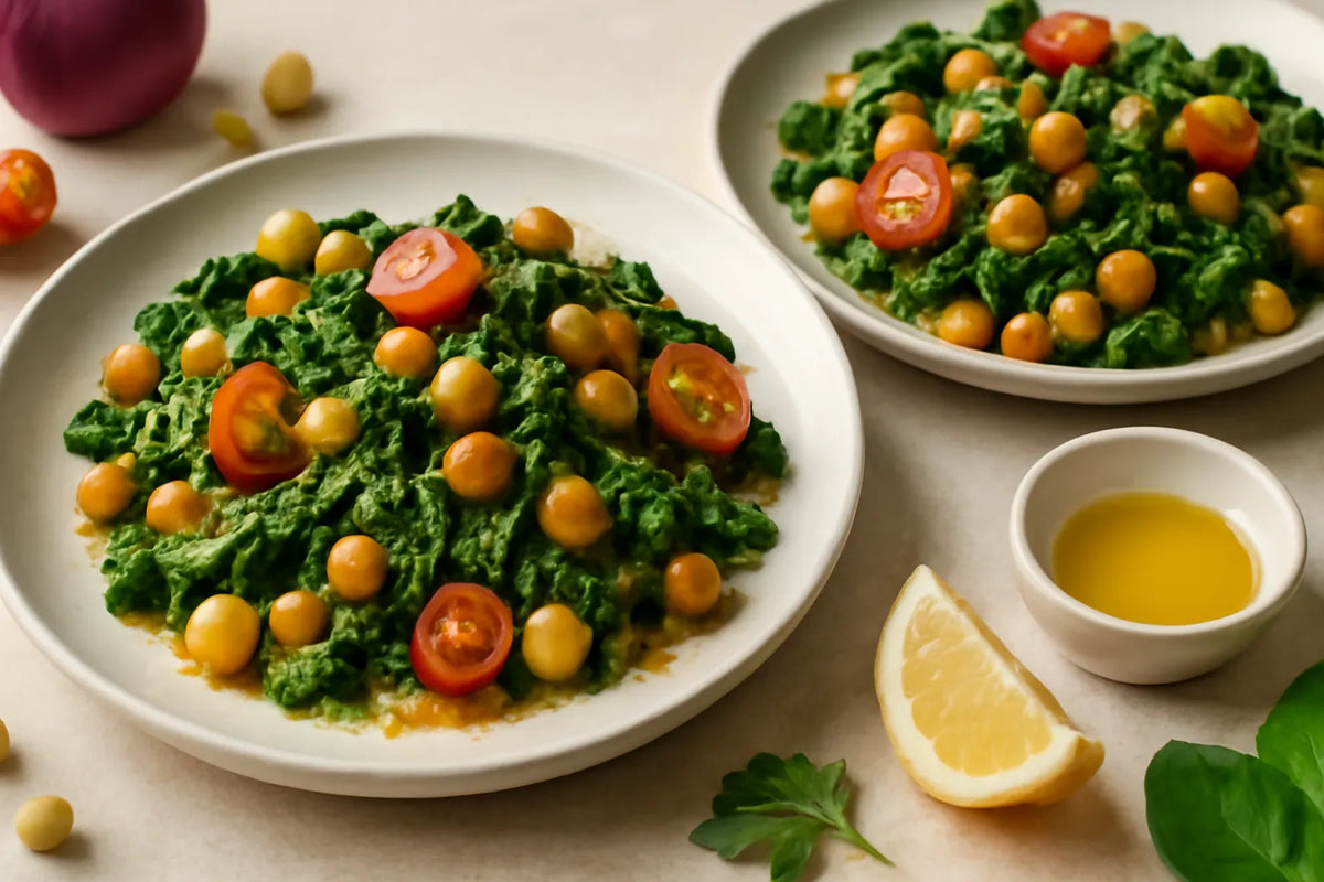 Assiette du soir aux pois chiches et aux légumes verts pour la longévité