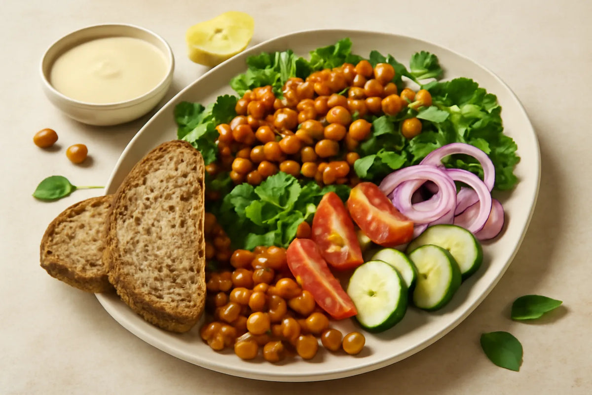 Assiette de mezze aux pois chiches et aux légumes verts pour la longévité