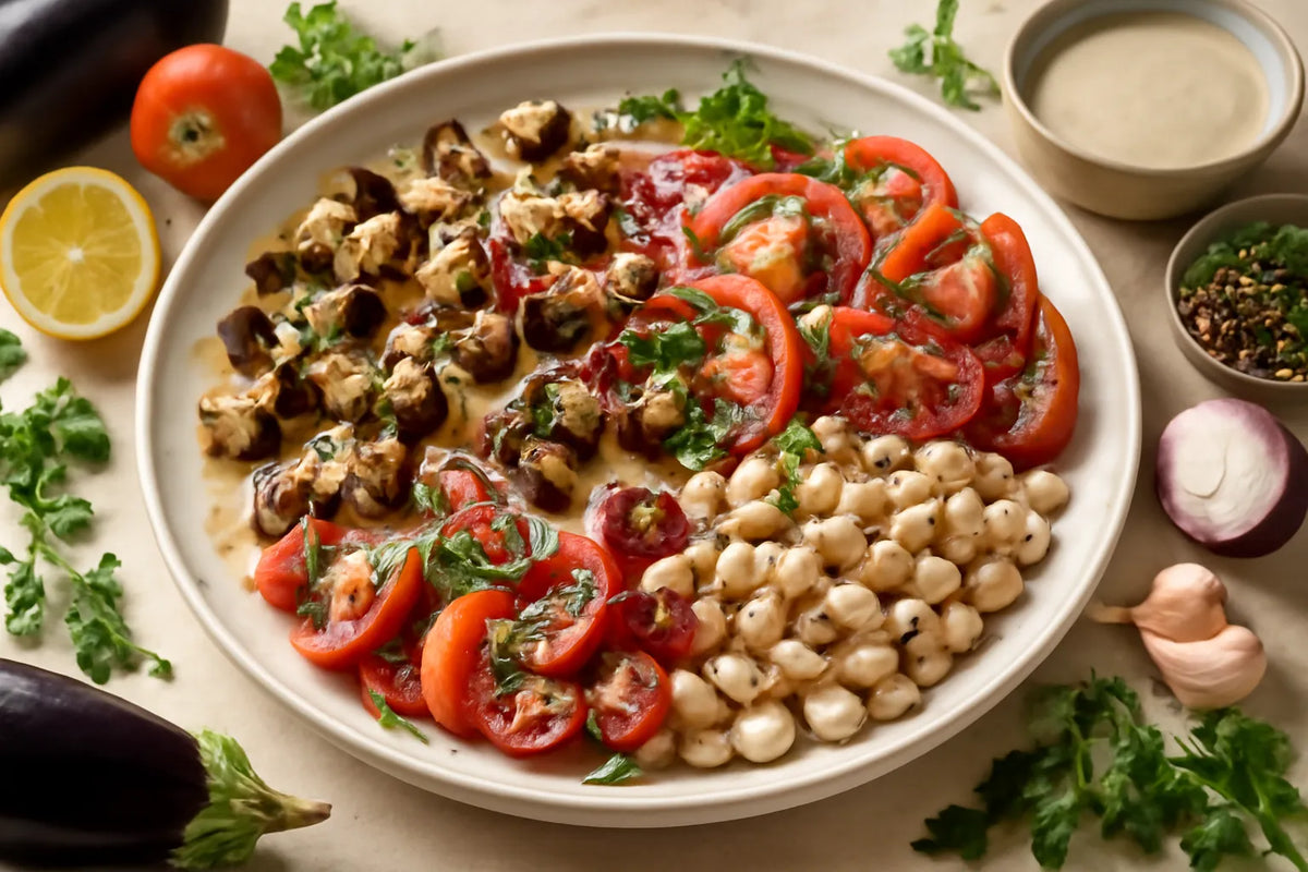 Piatto mezze di melanzane, pomodori e fagioli per la longevità