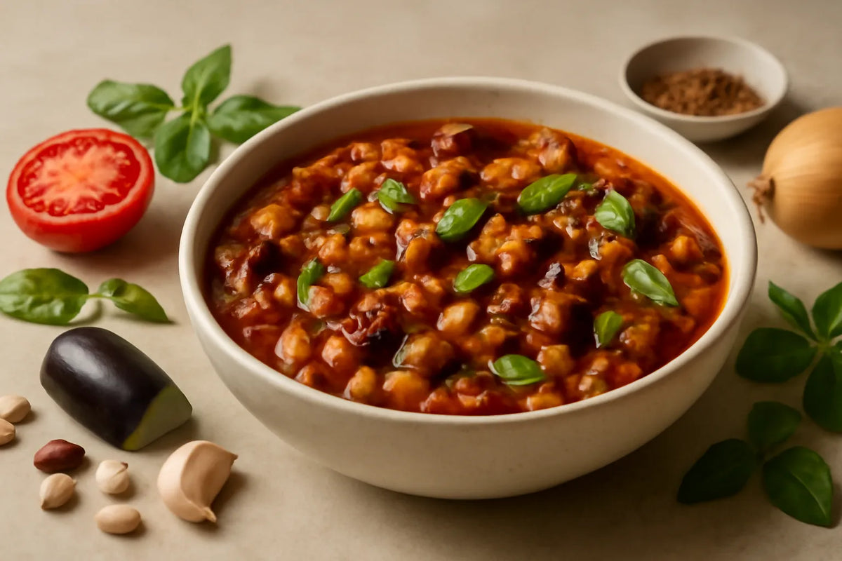 Langlebiger Auberginen-Tomaten-Bohnen-Eintopf
