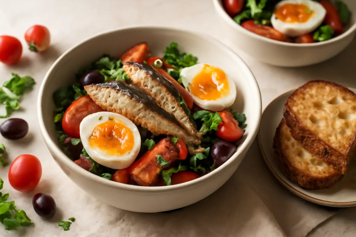 Bowl per la colazione con sardine, olive e pomodori per la longevità
