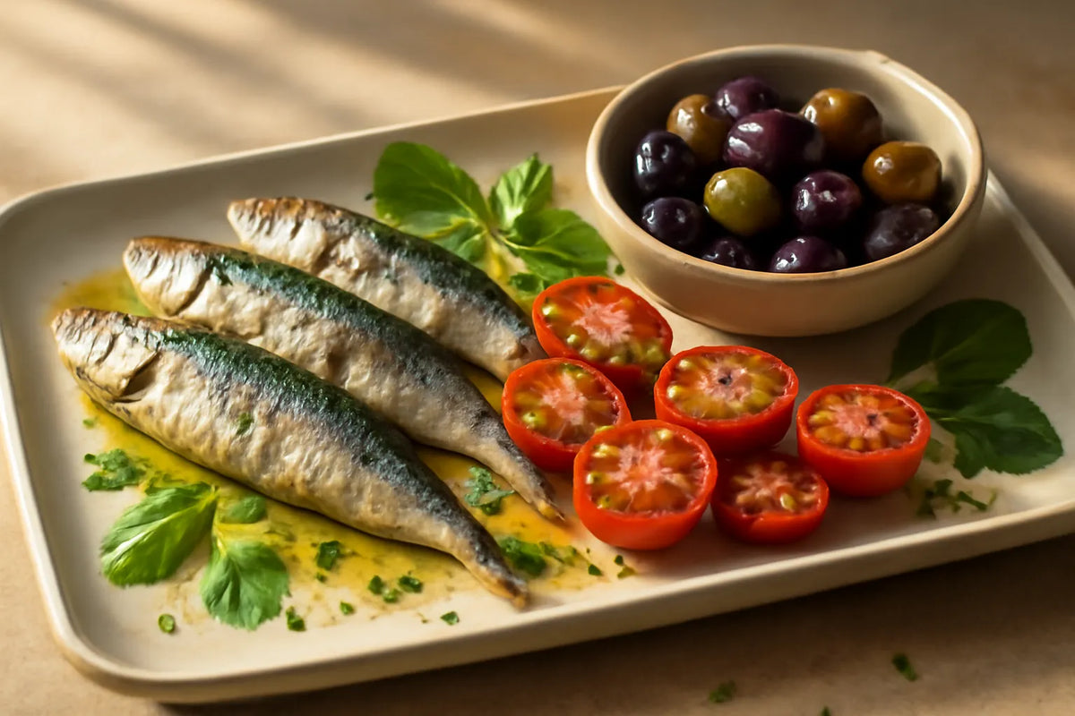 Plato mezze de sardinas, aceitunas y tomate para la longevidad