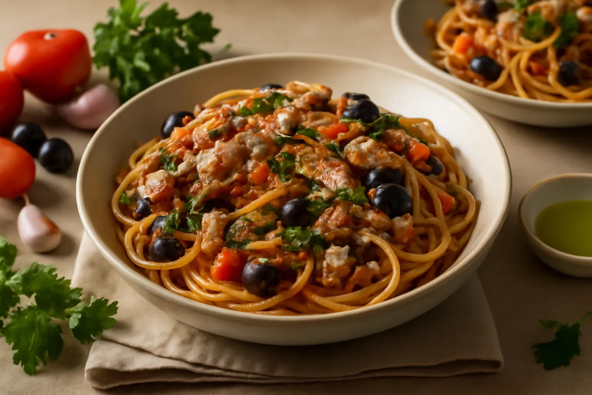 Pasta alla longevità con sardine, olive e pomodoro