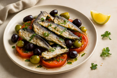 Piatto di sardine, olive e pomodori per la longevità