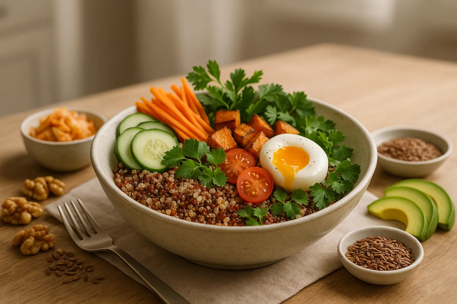 Lunch bowl met quinoa, ei en groenten