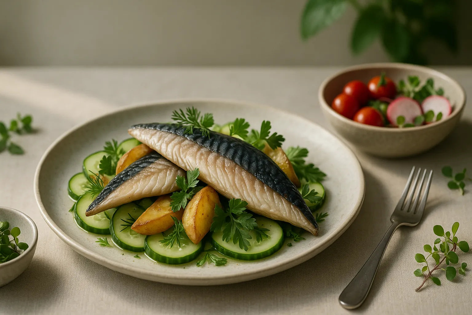 Mackerel salad with potato and cucumber