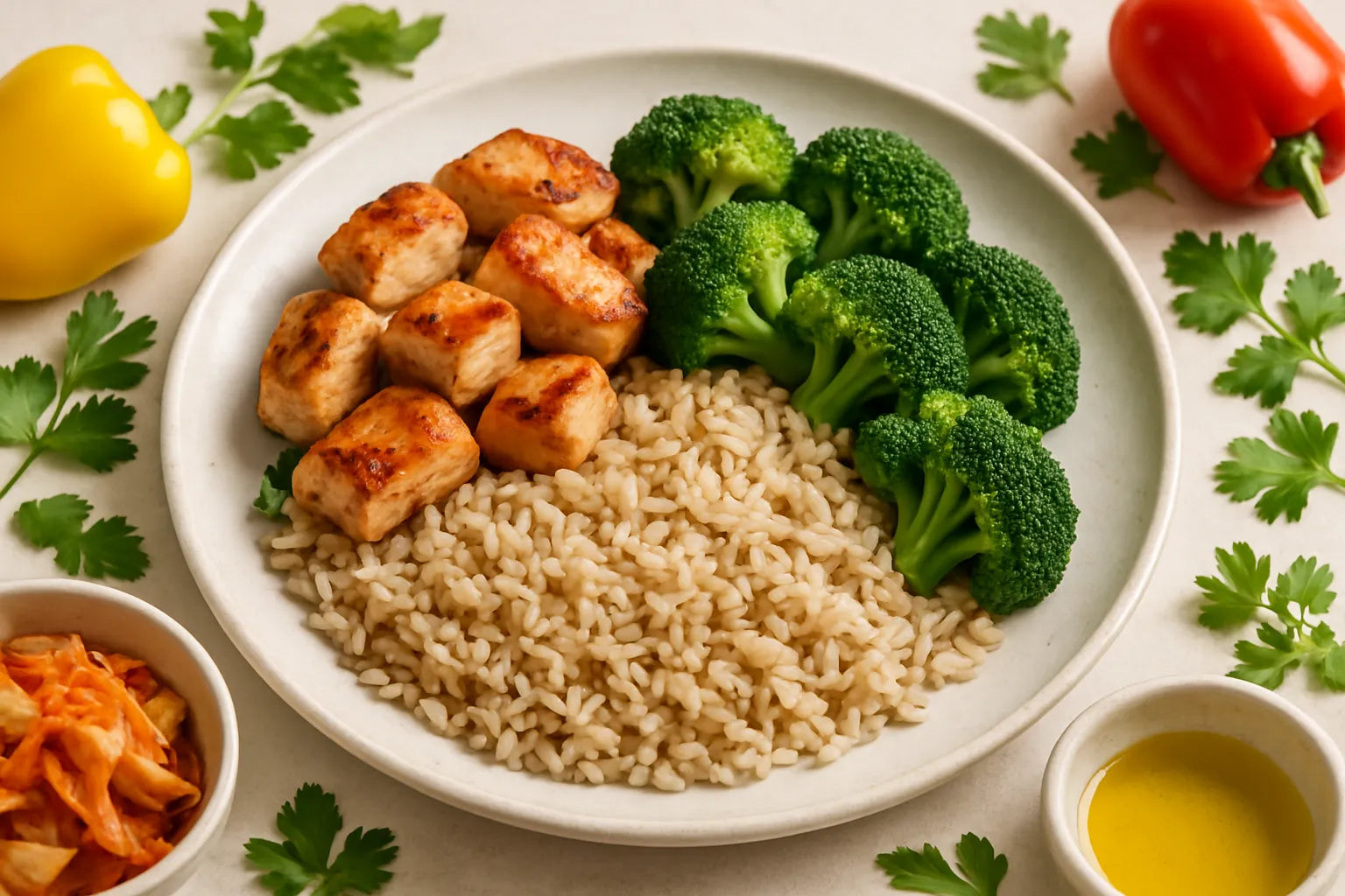 Meal prep chicken with brown rice and broccoli