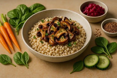 Meal prep pearl barley with mushrooms