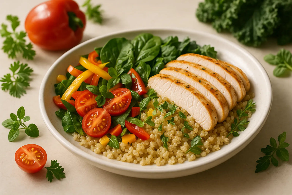 Meal prep quinoa with chicken and vegetables