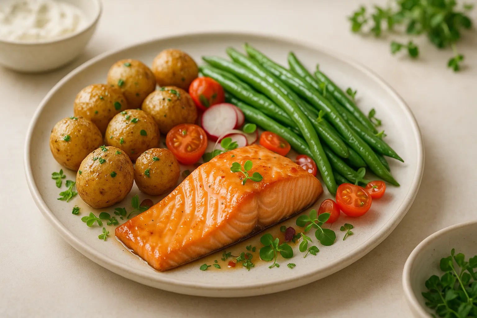 Meal prep salmon with baby potatoes and green beans