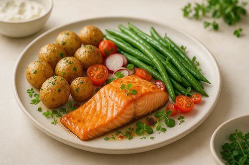 Meal prep salmon with baby potatoes and green beans