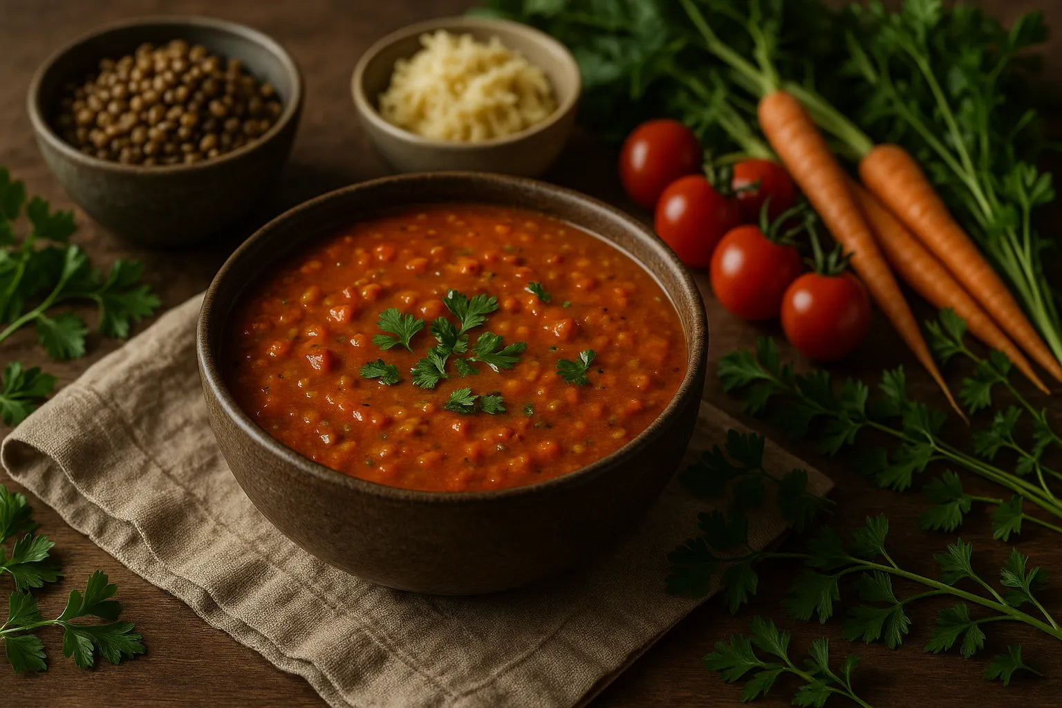 Meal prep tomato lentil soup