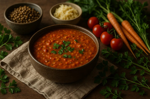 Meal prep tomato lentil soup