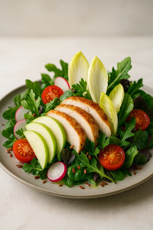 Meal salad with chicken, apple and chicory