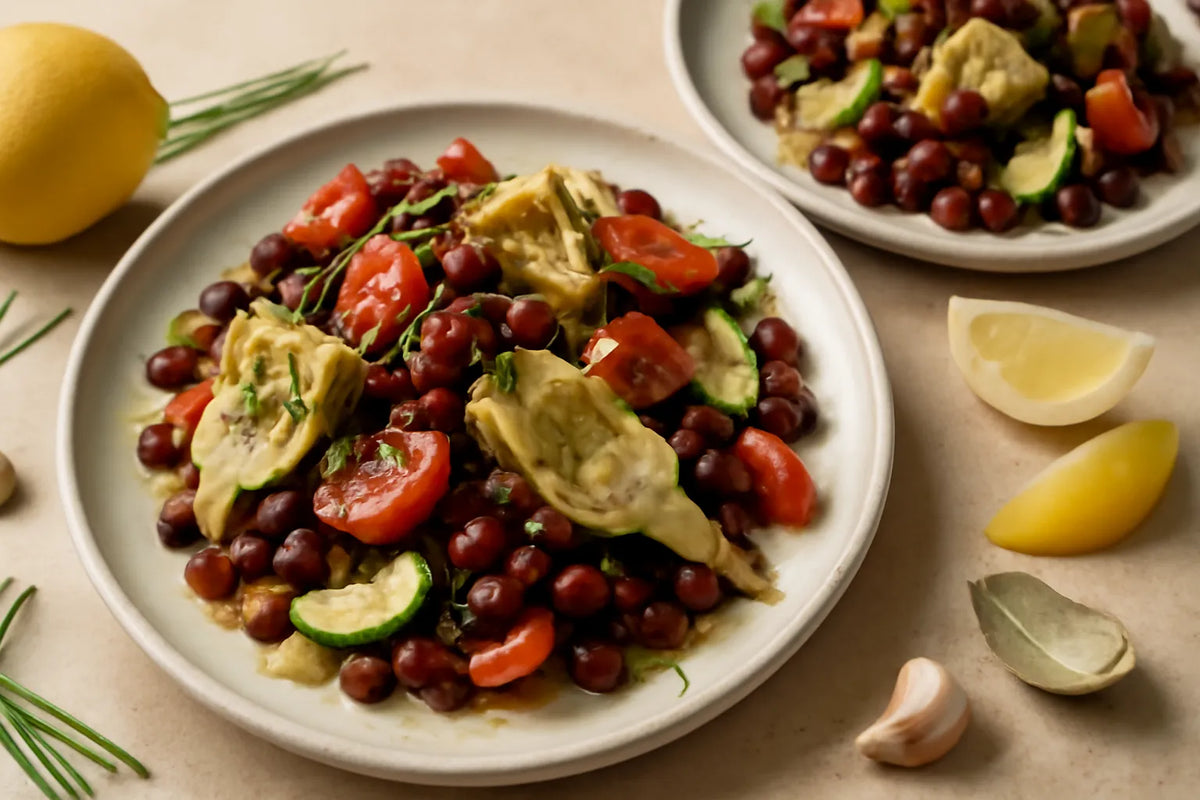 Assiette méditerranéenne de haricots azuki et d’artichauts à la ciboulette