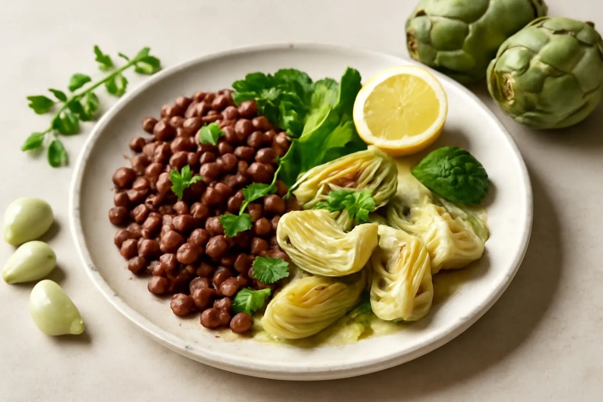 Plato mediterráneo de alubias adzuki con alcachofas y orégano