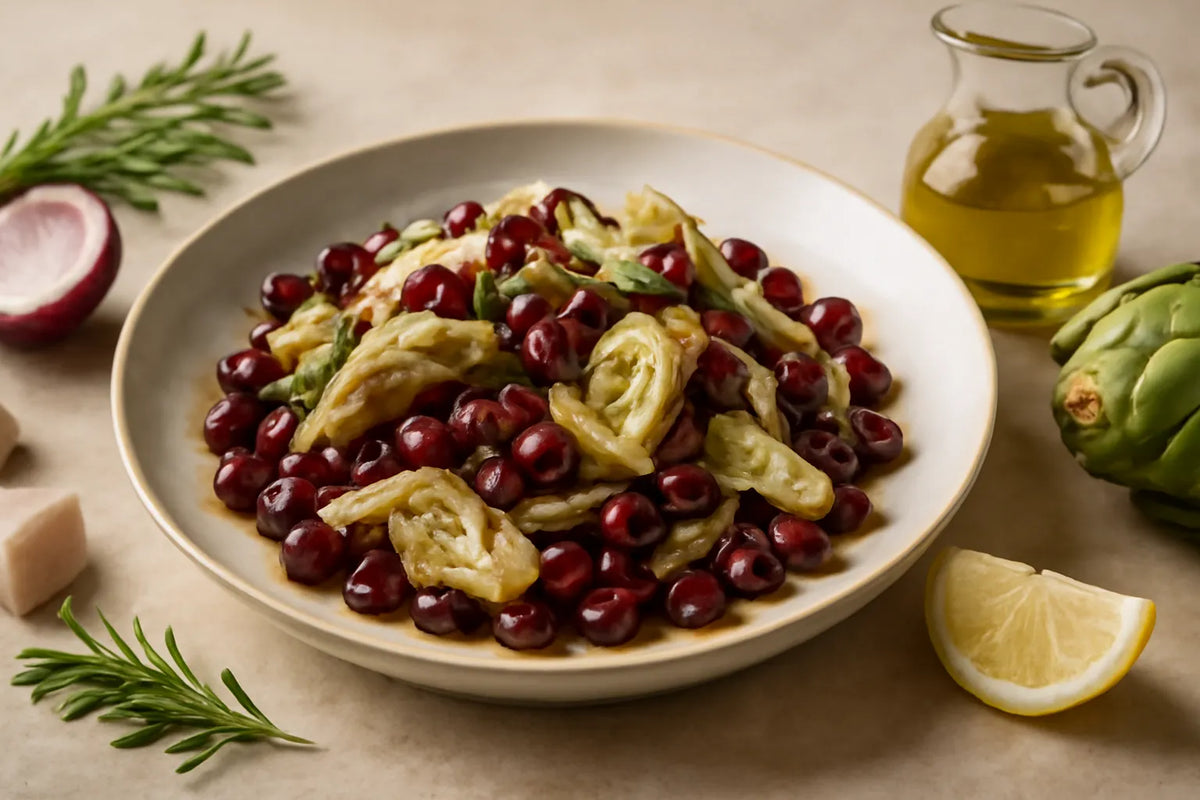 Piatto mediterraneo di fagioli azuki e carciofi al rosmarino