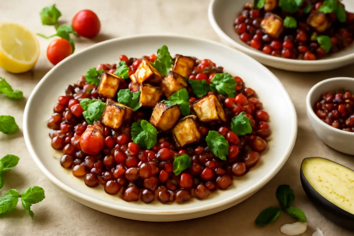 Piatto mediterraneo di fagioli azuki e melanzane con menta