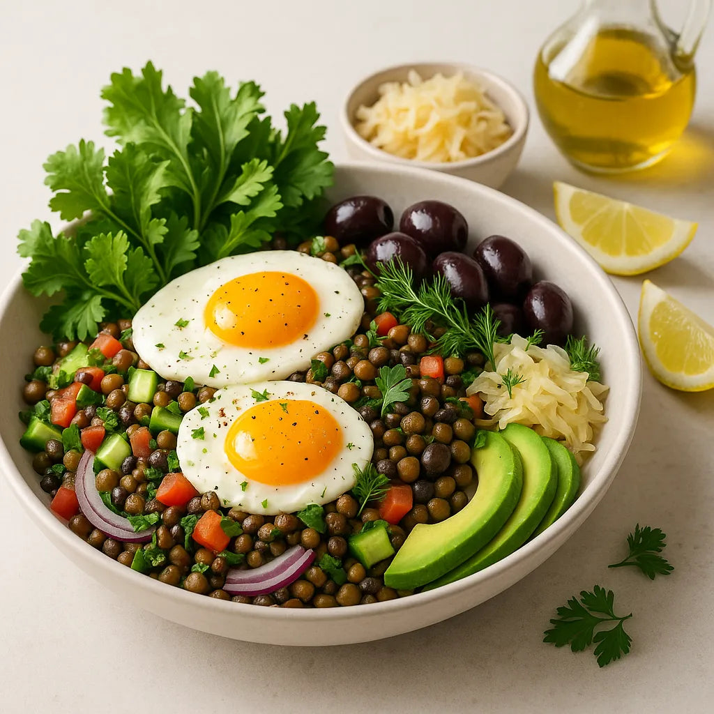 Mediterranean Breakfast Bowl with Eggs and Lentils