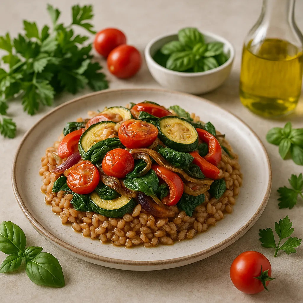 Horno de farro mediterráneo con verduras