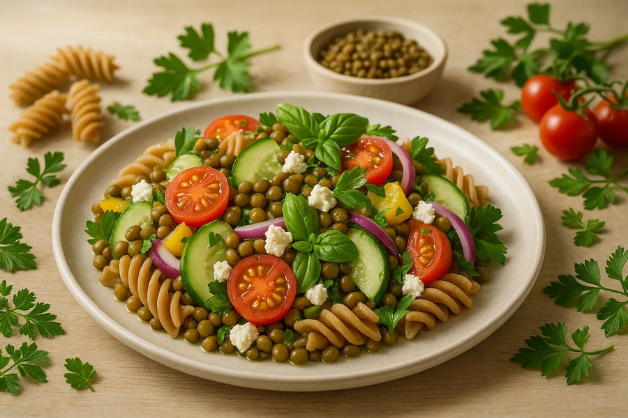 Ensalada Mediterránea de Pasta con Lentejas