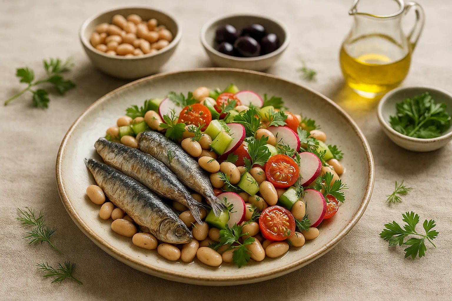 Ensalada mediterránea de sardinas y frijoles