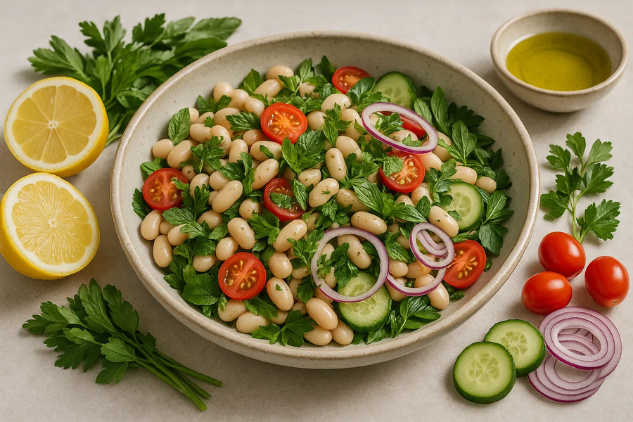 Ensalada mediterránea de alubias blancas y hierbas