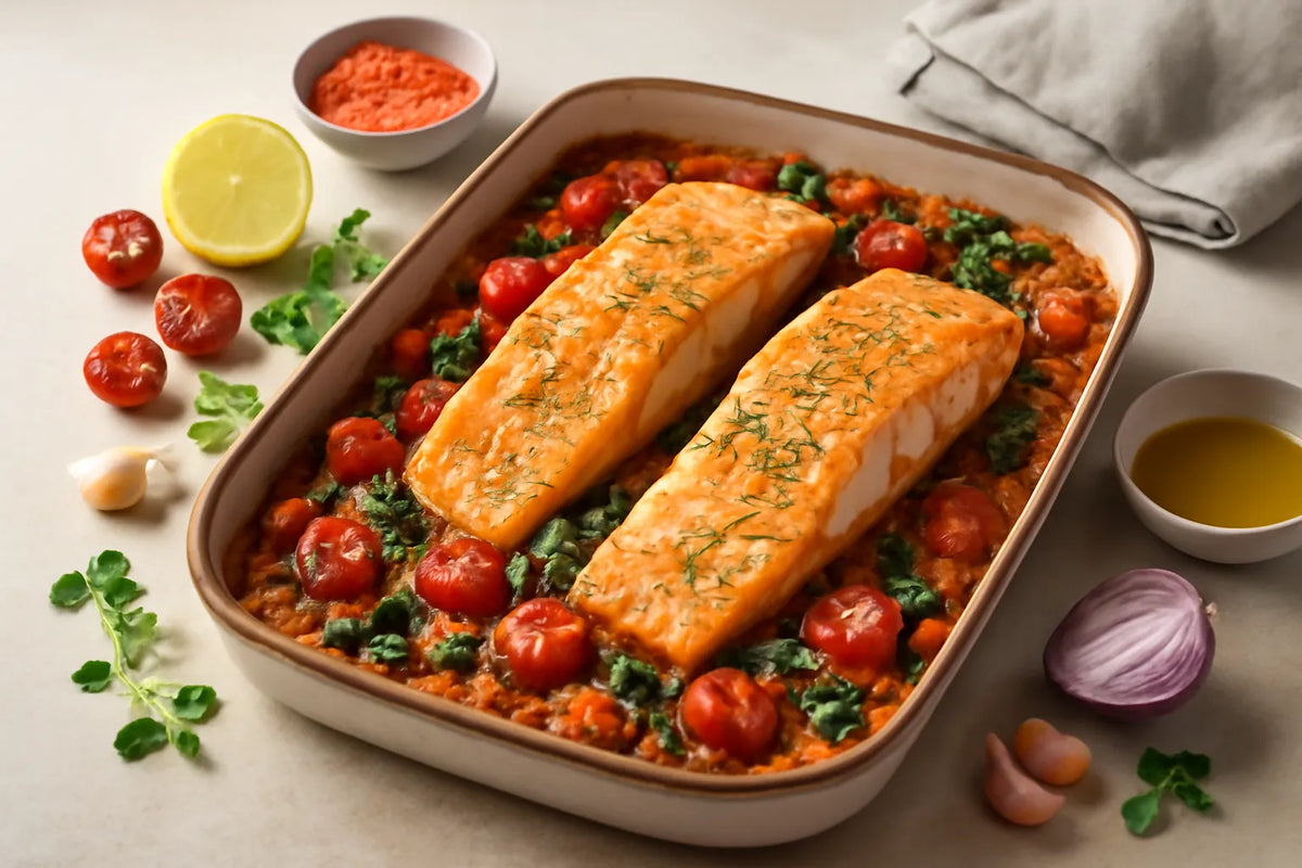 Teglia al forno di salmone e lenticchie per il supporto durante la menopausa