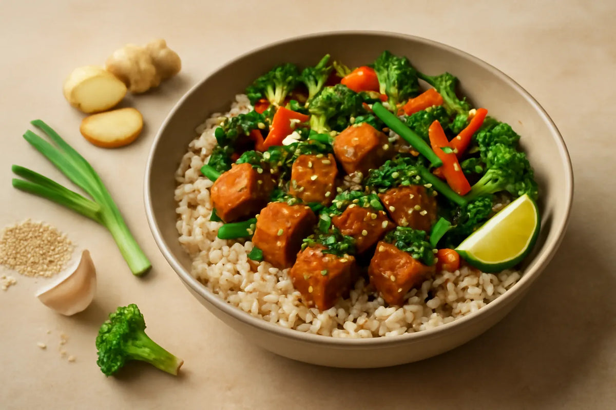 Bol de almuerzo de tempeh y sésamo para apoyar la menopausia