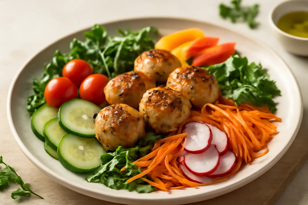 Mini chicken meatballs with vegetables