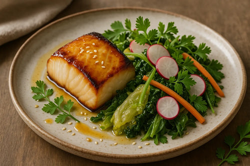 Bacalao al miso con verduras fermentadas