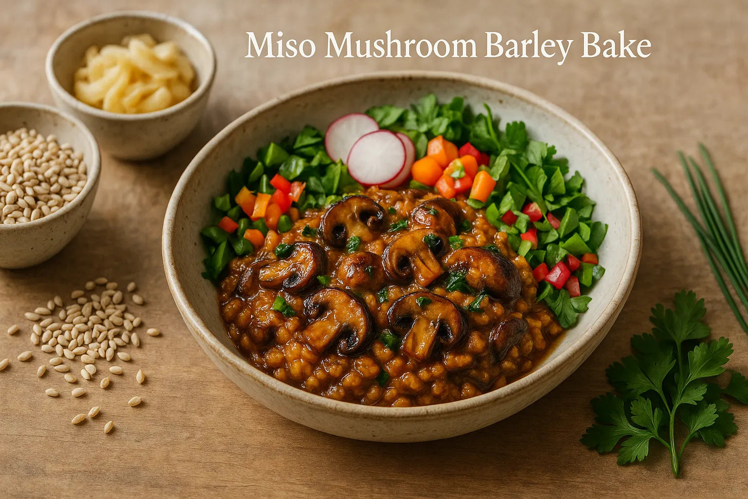 Horneado de miso con champiñones y cebada