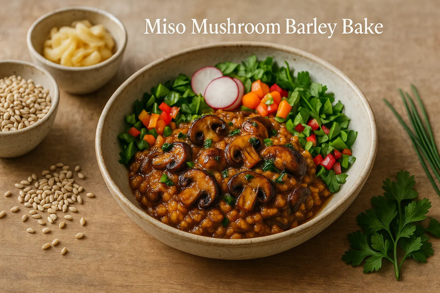 Horneado de miso con champiñones y cebada