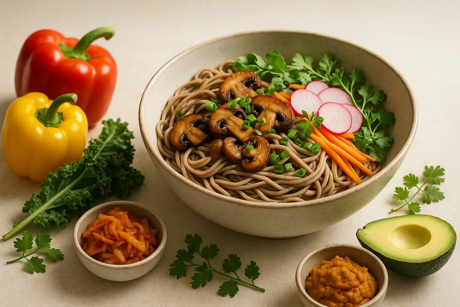 Fideos soba con miso y champiñones