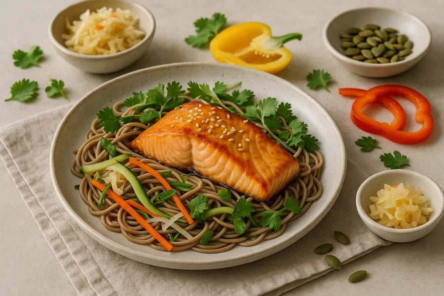 Salmón al miso con fideos soba