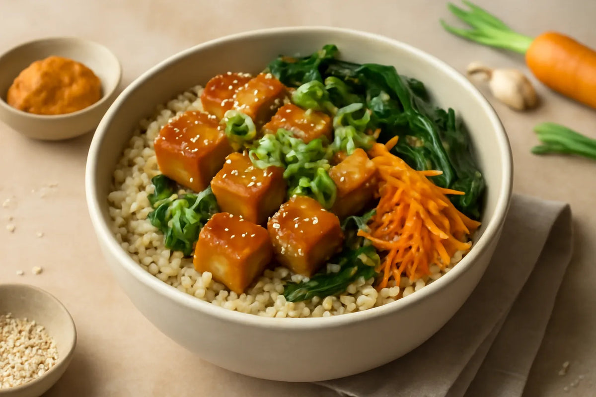 Miska z tofu w miso i brązowym ryżem
