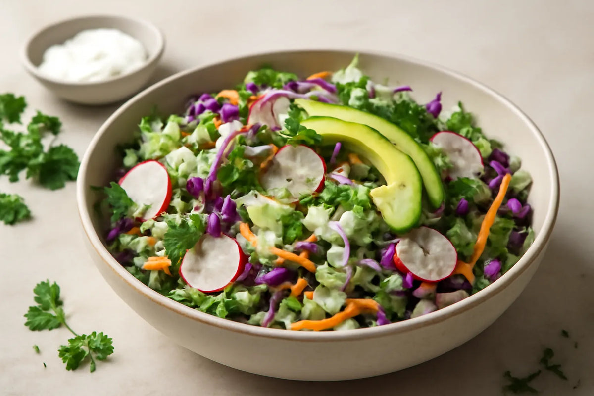 Mixed cabbage salad with yogurt dressing