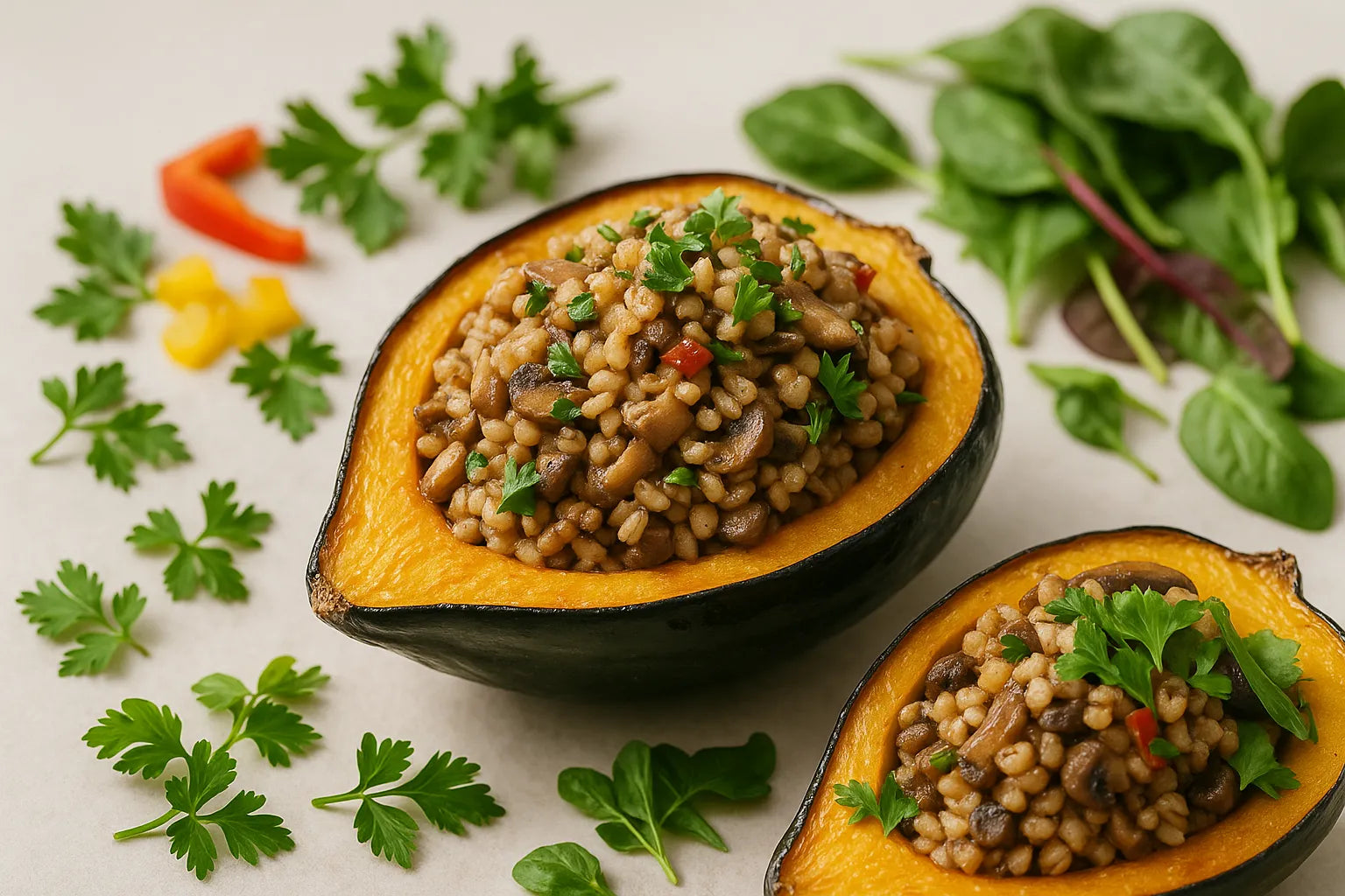 Calabaza rellena de champiñones y cebada